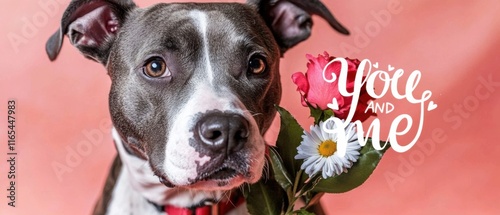 Romantischer Pitbull mit Blumenstrauß  Valentinstag Hund  Liebe photo