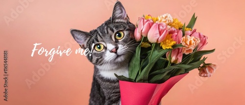 Versöhnlicher Kätzchen mit Blumenstrauß  Entzückendes Stockfoto für Vergebung photo