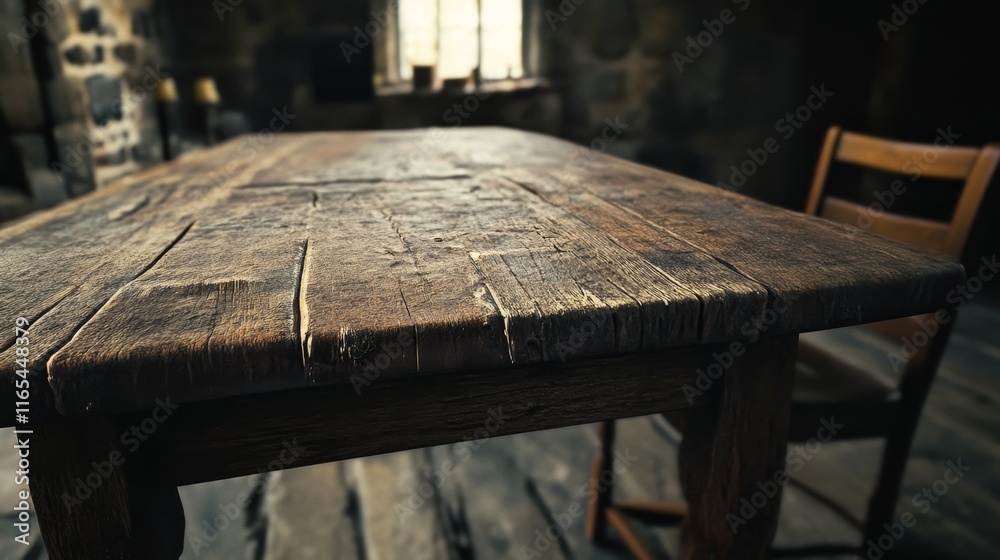 Rustic Wooden Table Centerpiece Surrounded By Stone Walls And Wooden Chair In Interior Space Rustic Wooden Table Centerpiece Surrounded By Stone Walls And Wooden Chair In Interior Space