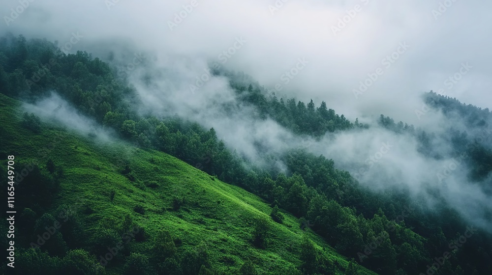 A green mountain covered in fog, with lush grass and trees on the slopes of the Indian mountains. A green mountain covered in fog, with lush grass and trees on the slopes of the Indian mountains.