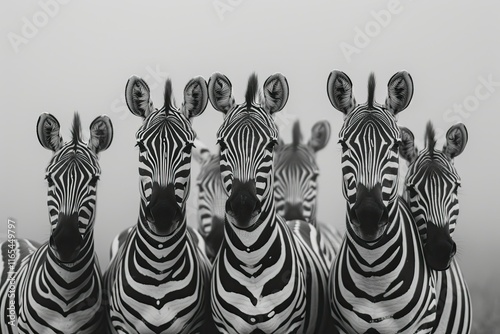 Painting- A group of zebras , their black-and-white stripes bold on a gray backdrop