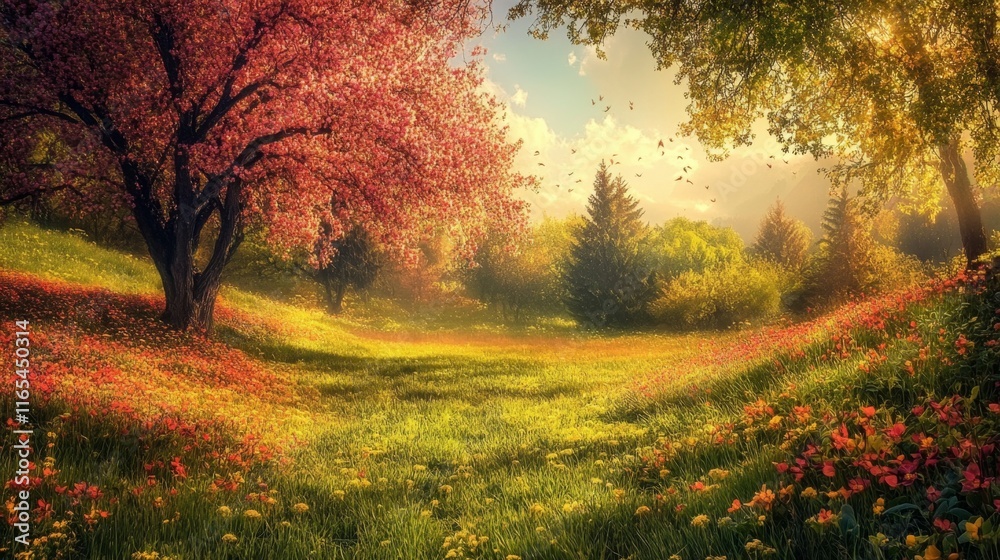 Spring Meadow Landscape With Blossoming Trees And Golden Sunlight Filtering Through Leaves Spring Meadow Landscape With Blossoming Trees And Golden Sunlight Filtering Through Leaves