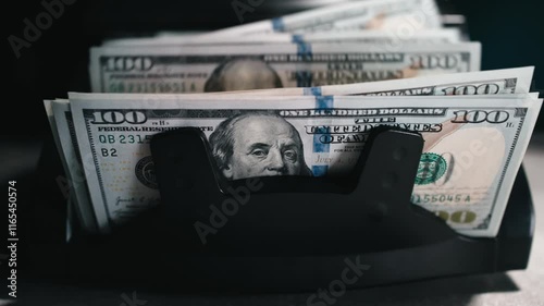 Close-up of a money counting machine sorting hundred dollar bills against a dark background, symbolizing wealth, capitalism and investment. Focus on currency and economic growth.