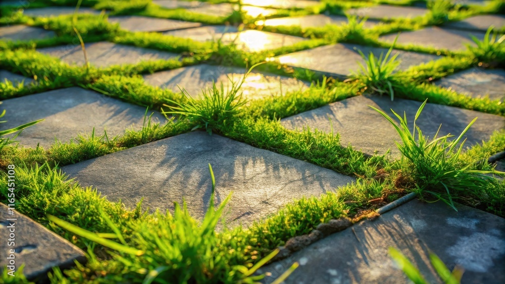A close-up perspective of lush green grass growing between gray paving stones, bathed in the warm glow of the setting sun. A close-up perspective of lush green grass growing between gray paving stones, bathed in the warm glow of the setting sun.