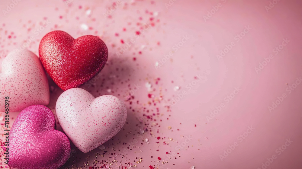 Glittery Pink and Red Hearts on Sparkling Pink Background Glittery Pink and Red Hearts on Sparkling Pink Background