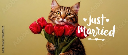 Liebes Katze hält Tulpenstrauß  Gerade Verheiratet Stock Foto photo