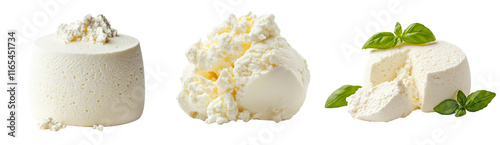 Set of ricotta cheese with basil isolated on white background. Concept of dairy products and healthy eating.