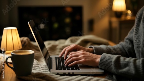 Person focused on laptop in a warm and inviting environment, showcasing the balance between productivity and comfort, emphasizing the importance of a cozy workspace for creative and efficient work.