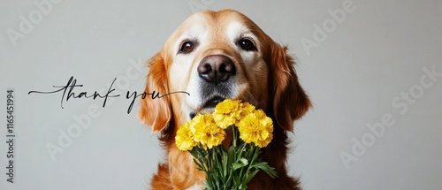 Dankbarer Golden Retriever mit gelben Blumenstrauß  Stockfoto photo