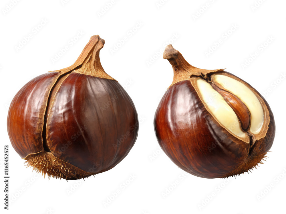 Obraz premium Chestnuts (Castanea) Shiny brown chestnuts with a hard shell and creamy, sweet flesh, roasted, boiled, or mashed into soups