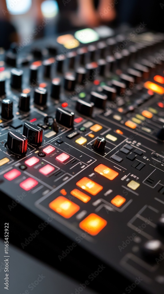 Close-up of illuminated black audio mixing console with knobs, buttons, faders. Close-up of illuminated black audio mixing console with knobs, buttons, faders.