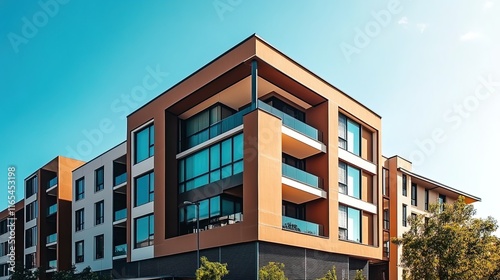A photograph of an apartment building with modern architecture, showcasing sleek balconies and minimalist design elements against the clear blue sky. 