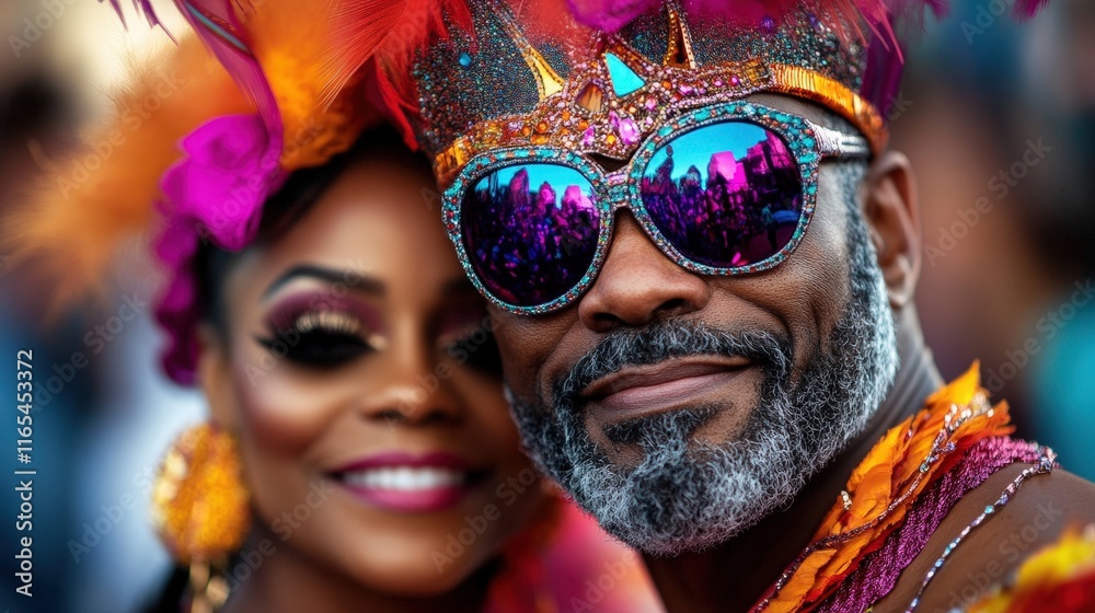 The image captures a stylish couple sporting vibrant accessories and trendy sunglasses, full of life and joy, perfectly suited for a lively outdoor celebration or festival atmosphere. The image captures a stylish couple sporting vibrant accessories and trendy sunglasses, full of life and joy, perfectly suited for a lively outdoor celebration or festival atmosphere.