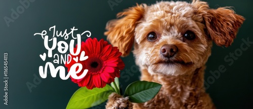 Niedlicher Hund mit roter Gerbera und Nur du und ich Botschaft