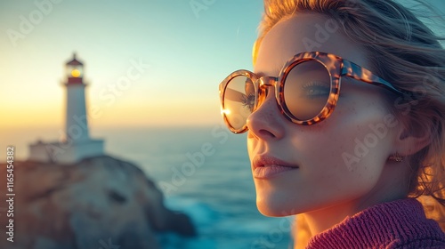 A female traveler wearing tortoise-shell glasses capturing a historic lighthouse on a coastal cliff, soft ocean waves crashing below, dramatic evening light casting warm shadows, photo