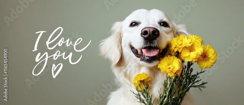 Glücklicher Golden Retriever mit Blumenstrauß und Ich liebe dich Botschaft