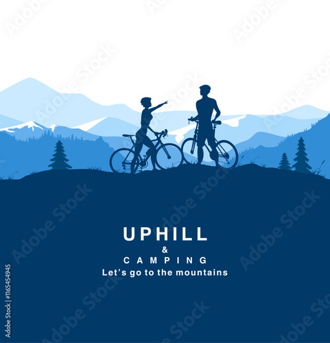 young couple cyclists on mountain top looking at horizon. Vector silhouette illustration.