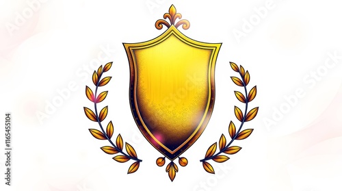 Elegant golden shield with laurel wreath and fleur-de-lis, symbolizing honor and prestige, ideal for emblems, awards, or heraldic designs. photo