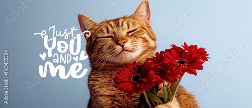 Niedliche Katze mit roten GerberaBlumen  Nur du und ich  romantisches Stockfoto