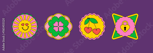 Playful Retro Y2k stickers. Mystical Tarot cards vibe. Simple shapes, gambling. Colorful Cards with Hearts. Sunburst Background, love mood. Design elements collage. Fantastical vibrant aesthetics