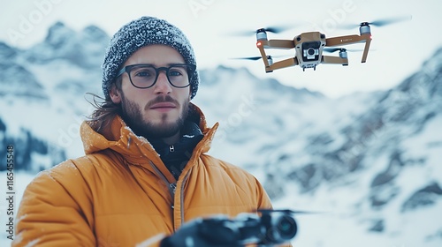 A male in sporty attire and rectangular glasses, controlling a drone in a snow-covered mountain range, the drone capturing stunning aerial shots of snowy peaks and valleys, crisp cold light, photo