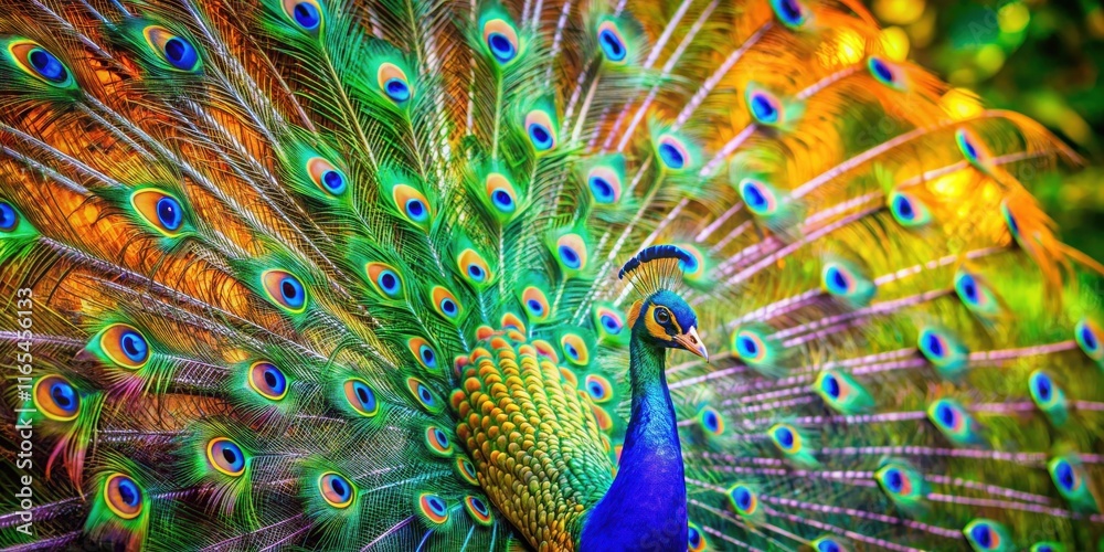 Obraz premium A majestic peacock with vibrant plumage, its feathers displaying an intricate array of colors, showcasing the beauty and elegance of nature's artistry.