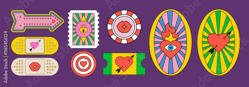 Valentins day. Bold Groovy stickers Y2k. Retro gambling and Cult aesthetics. Trendy Flat design. Love design elements. Big vector set with hearts. Vibrant colors. Simple shapes, retro vibes