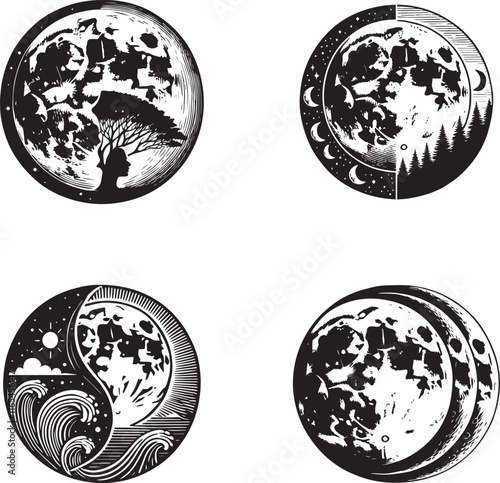 Phases of the Moon Silhouettes - Lunar Cycle in Minimalist Design