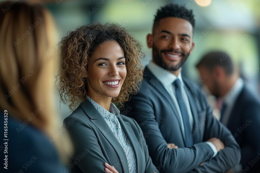 Business partners smiling with arms crossed in modern office Business partners smiling with arms crossed in modern office