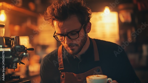 A man with minimalist glasses and casual attire, photographing a barista pouring latte art, soft café lighting creating a cozy atmosphere, hd cinematic depth, warm natural tones. --ar 16:9 photo