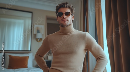 A man with retro aviator glasses taking a selfie in a minimalist bedroom mirror, dressed in a sleek turtleneck and slim-fit trousers, soft natural light blending with muted decor, cinematic tones, photo