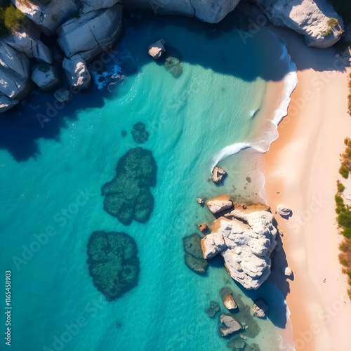 Aerial View of Tropical Beach with Turquoise Waters, Lush Greenery, Coral Reefs, and Iconic Landscapes like Cale Mondragon and Praia do Camilo photo