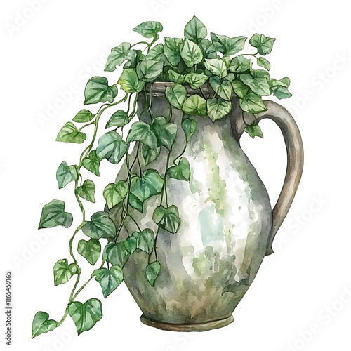 Watercolor painting of a lush green ivy plant spilling over the rim of a rustic, grey ceramic pitcher.