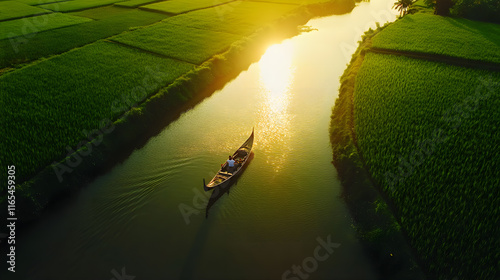 Fototapeta Naklejka Na Ścianę i Meble -  Country boat on canal showcasing local green rice plants field scene asian river in the green rice plants and a boat background countryside canal and boat at sunrise areal scene