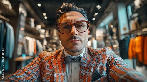 A stylish male influencer in retro glasses taking a mirror selfie in a high-end clothing store, wearing a bold patterned jacket, surrounded by elegant displays and vibrant lighting, hd realism, photo