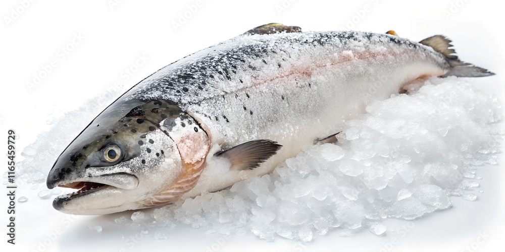 frozen salmon on ice isolated on white background frozen salmon on ice isolated on white background