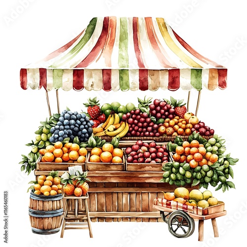 Watercolor painting of a vibrant fruit stand overflowing with fresh produce, showcasing a variety of colorful fruits in wooden crates and barrels.