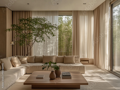 A modern Scandinavian living room with beige walls, sheer beige curtains, and a soft gray fabric sofa 