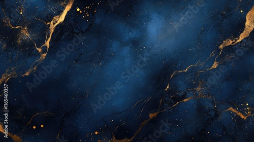 Abstract dark blue marble texture with gold splashes, blue luxury background