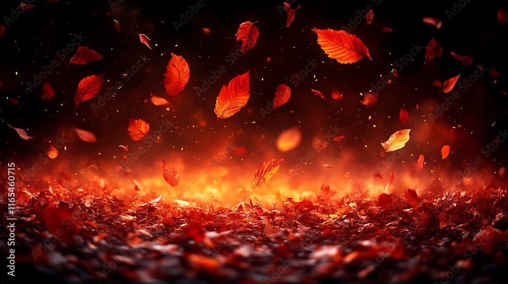 Fiery Autumn Leaves Falling Over Embers Fiery Autumn Leaves Falling Over Embers