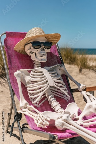 Skeleton in lawn chair on beach