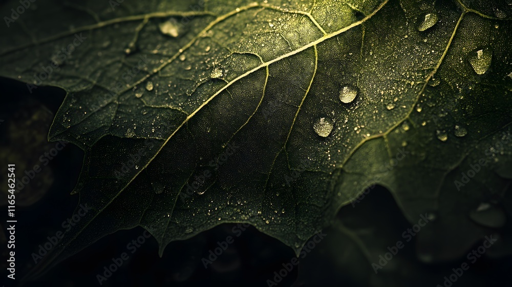 Fototapeta premium Close-Up View of Green Leaf with Intricate Veins and Water Droplets