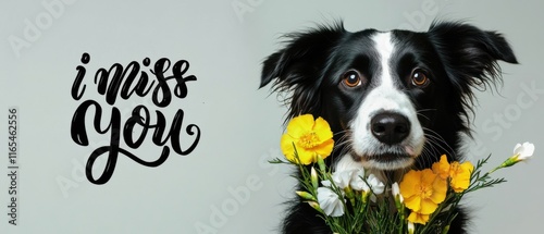 Border Collie vermisst dich  trauriger Hund mit Blumenstrauß