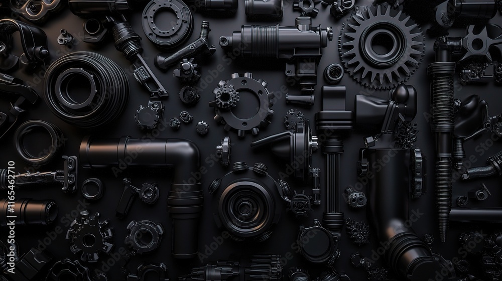 Dark Industrial 3D Render with Vehicle Elements on Black Background