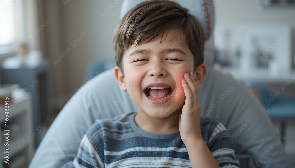 A Young Boy Experiencing Toothache Pain at the Dentist