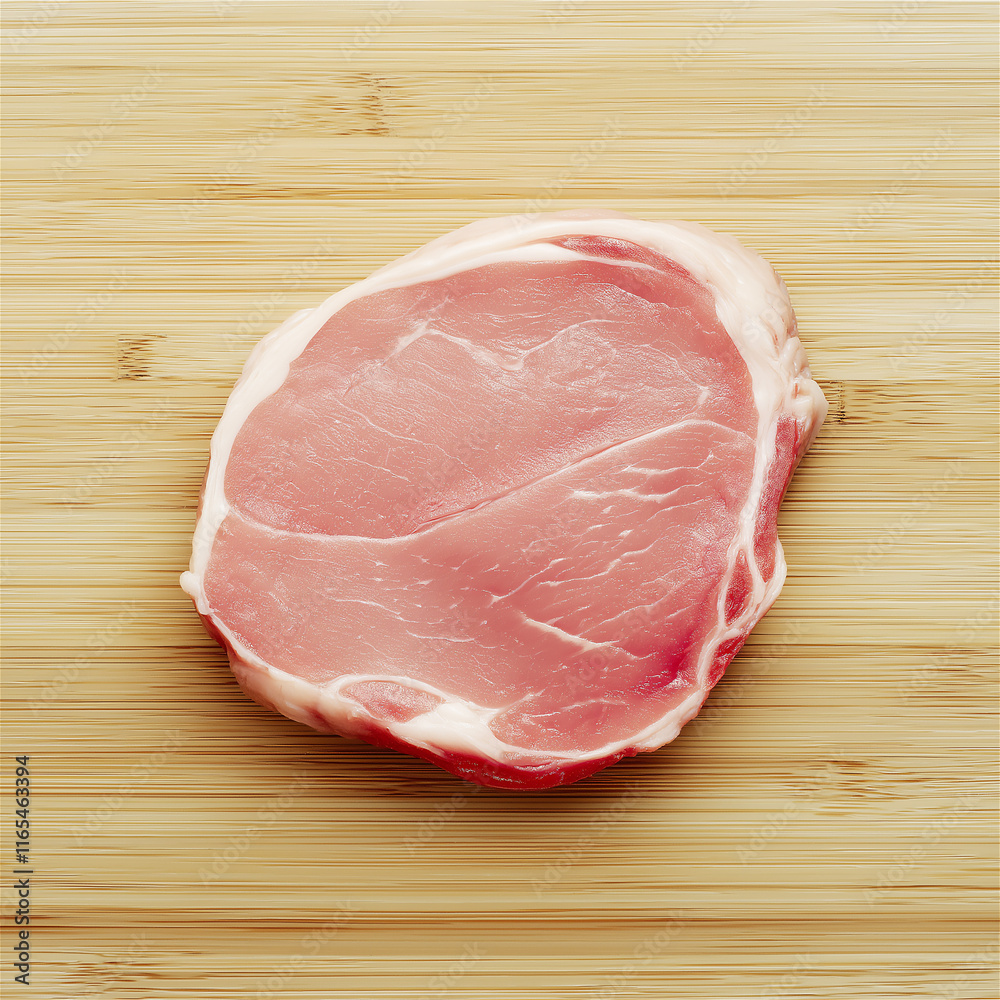 Close-up of a fresh pork chop on a wooden cutting board, ready for cooking, emphasizing quality meat and culinary preparation in a rustic setting. Close-up of a fresh pork chop on a wooden cutting board, ready for cooking, emphasizing quality meat and culinary preparation in a rustic setting.