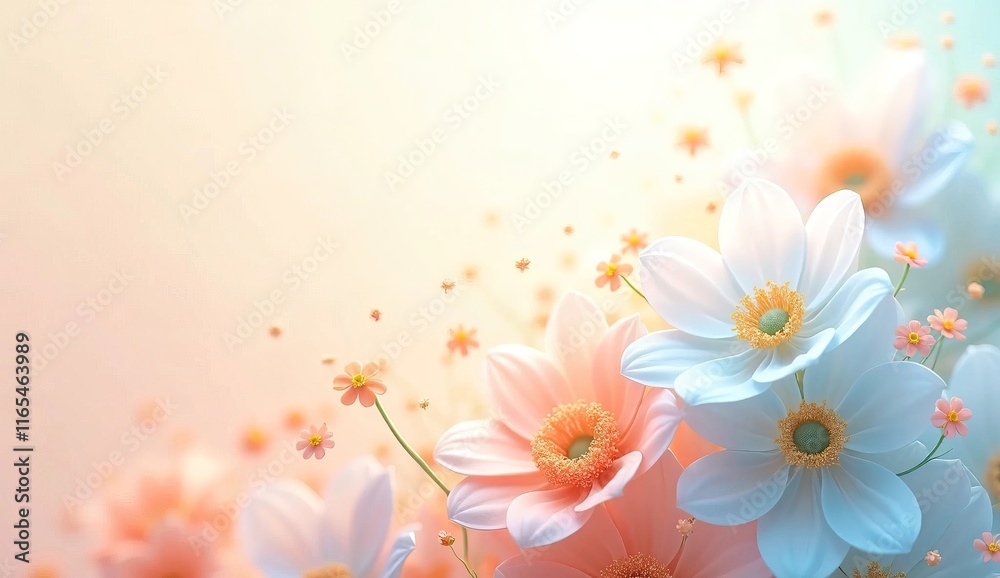 Abstract banner, greeting card, springtime. Dreamy and ethereal arrangement of pastel flowers, soft coral, peach, and light blue petals on a gentle background of cream and light blue. Abstract banner, greeting card, springtime. Dreamy and ethereal arrangement of pastel flowers, soft coral, peach, and light blue petals on a gentle background of cream and light blue.