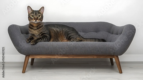 Bengal cat lounging on a gray modern pet couch against a white wall. photo