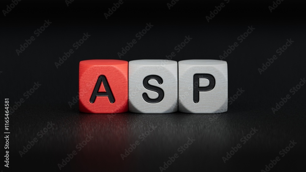 ASP sign on the wooden cubes.Business Concept.close up of wooden elements,Business Concept.3D rendering on black background. ASP sign on the wooden cubes.Business Concept.close up of wooden elements,Business Concept.3D rendering on black background.