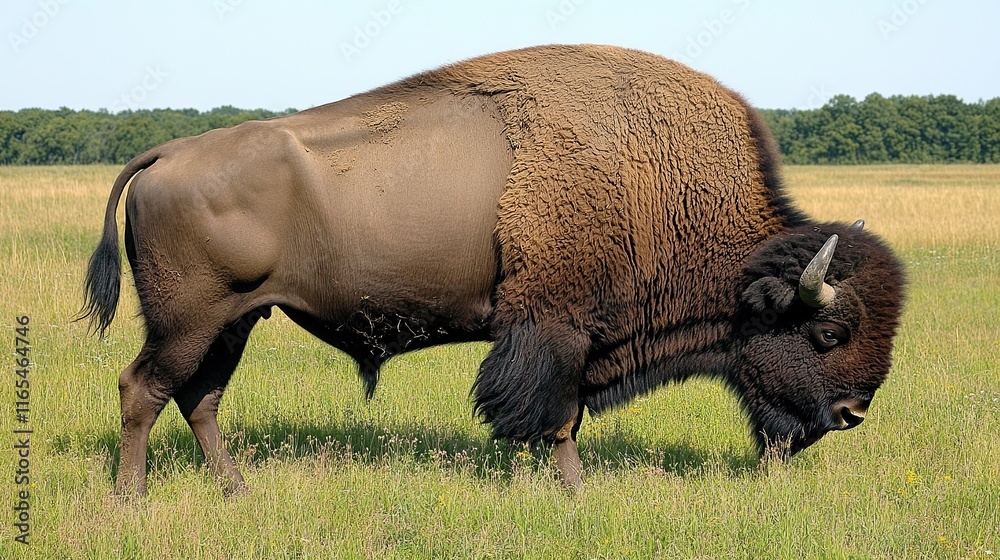 A large, muscular bison grazing in a grassy field, its thick coat and horns visible against a clear sky. A large, muscular bison grazing in a grassy field, its thick coat and horns visible against a clear sky.